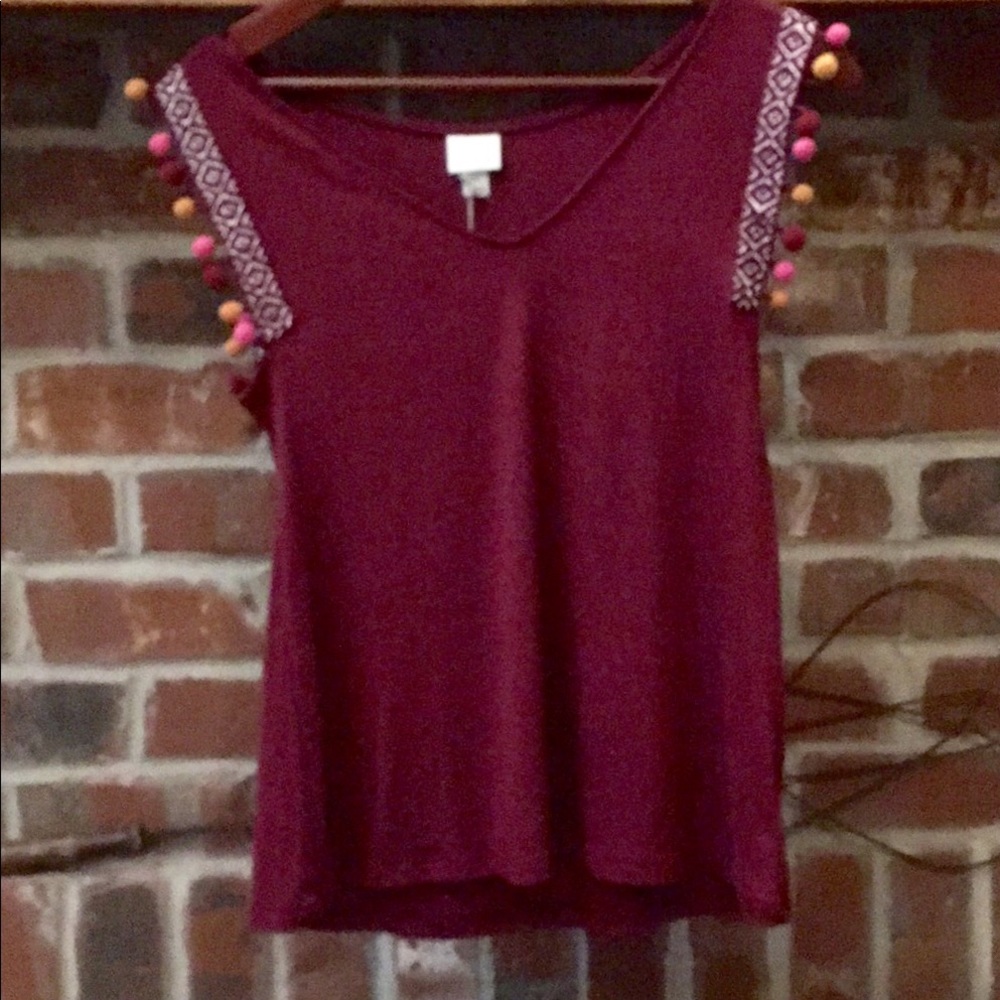 NWT Boho Top with ball fringe sleeve detail